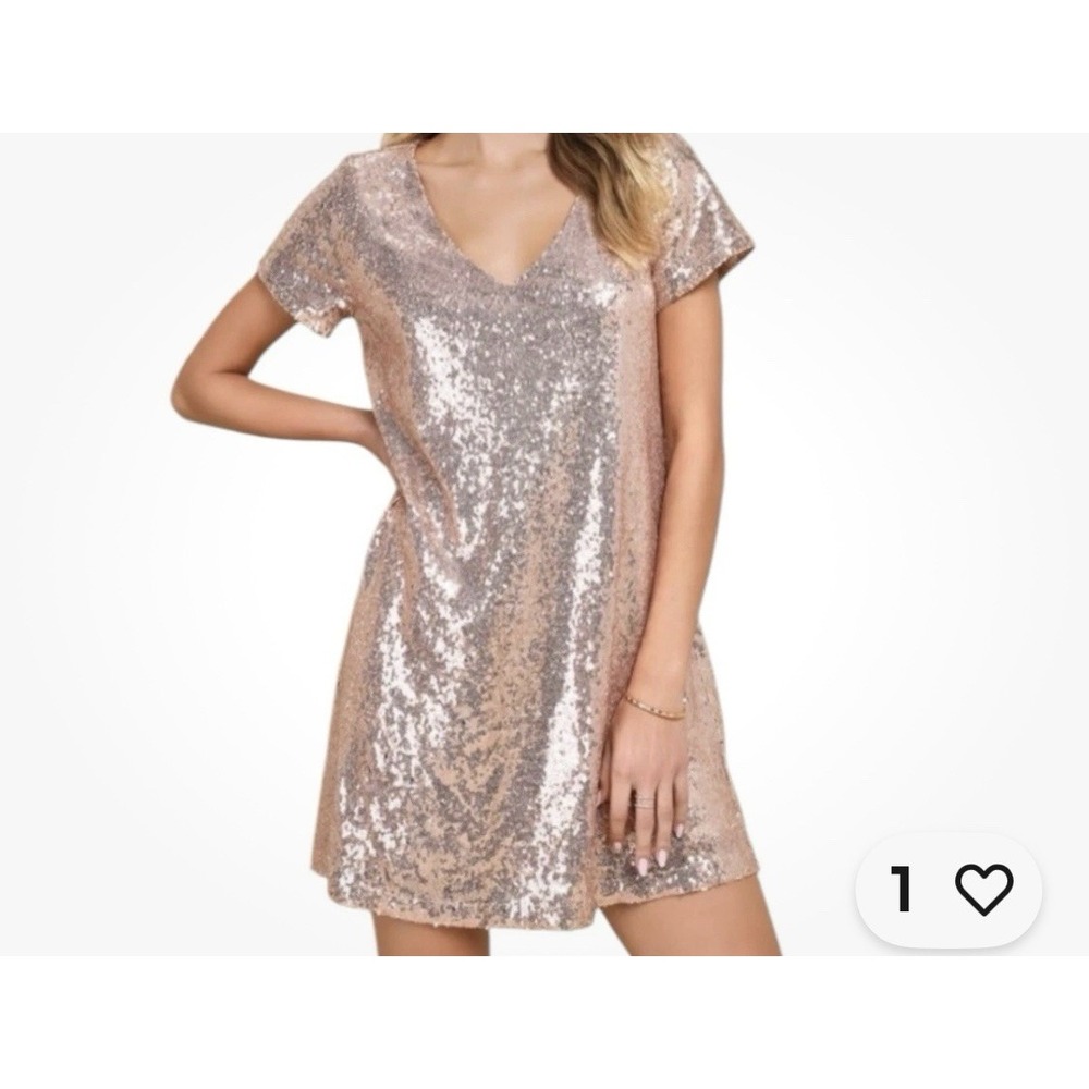 Lulus Light Up The Night Champagne Sequin Shift Mini‎ Dress Womens Sz L 4994